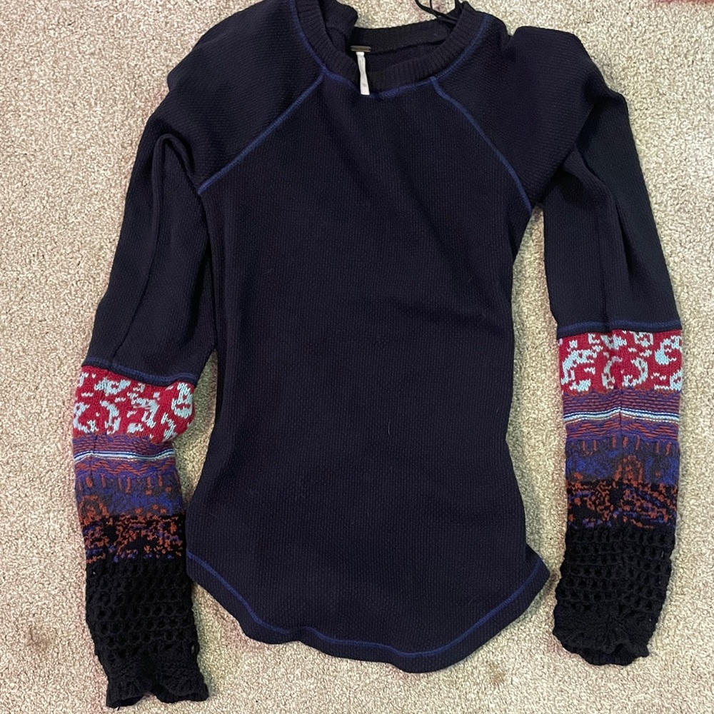 Free People Navy Knit Long Sleeve Top with Multicolor Patterned Cuffs